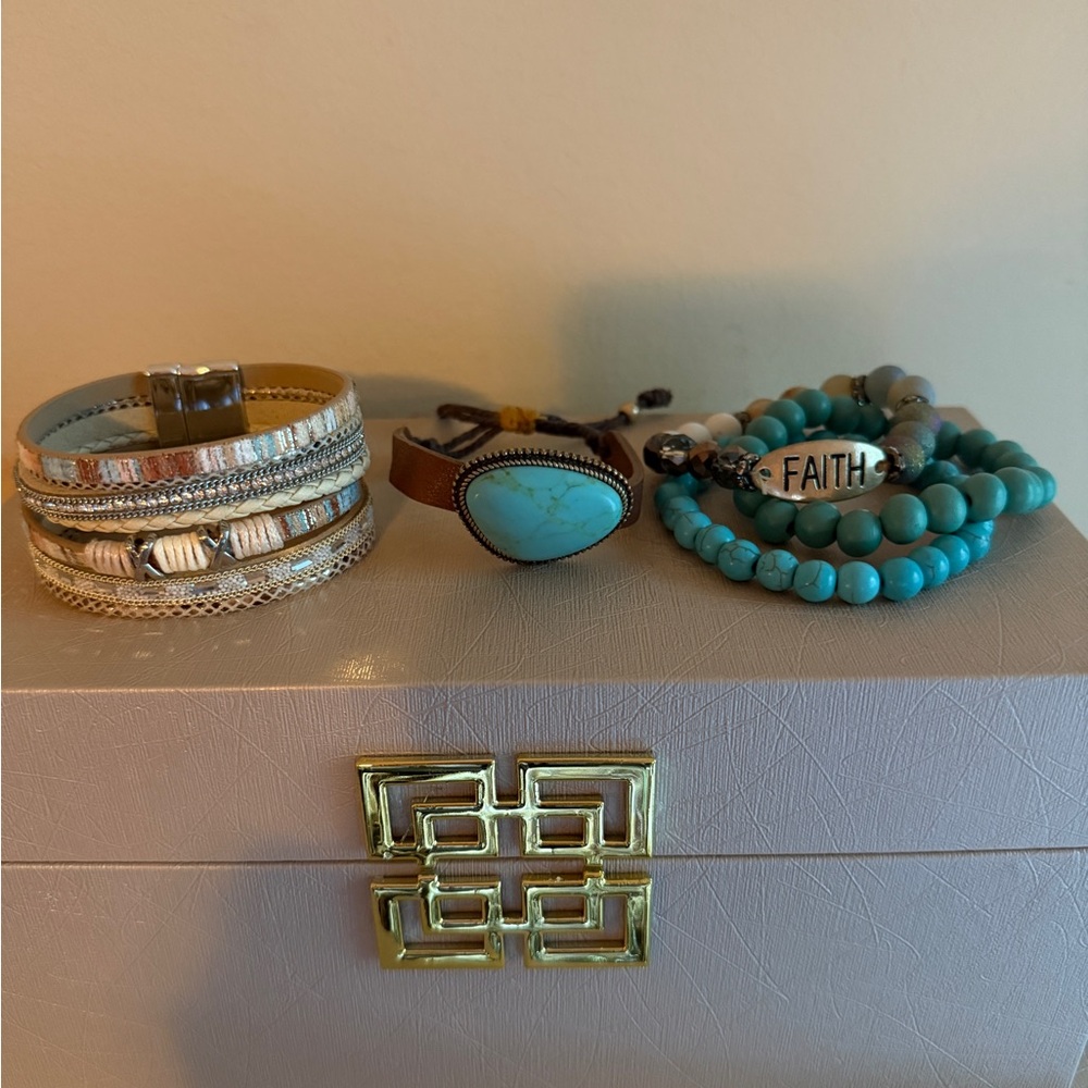 Turquoise and Silver Boho Western Bracelet Set